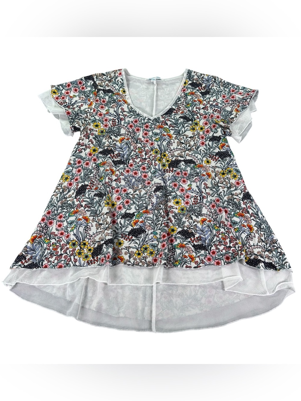 Grace & Lace Floral Swing Tunic Top Women’s XS Mesh Ruffle High Low Hem